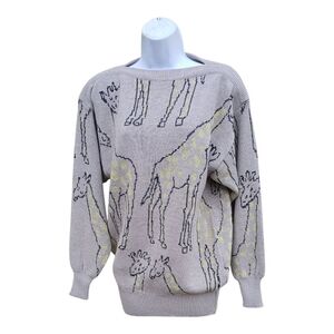 Vintage 80s 90s Giraffe Knit Sweater Gray & Yellow Eclectic Grandpa Aesthetic M